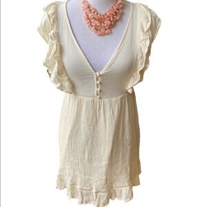 Forever 21 Mini Ivory Cream Color Dress w/ Ruffle Trim Plunging Neckline Size M